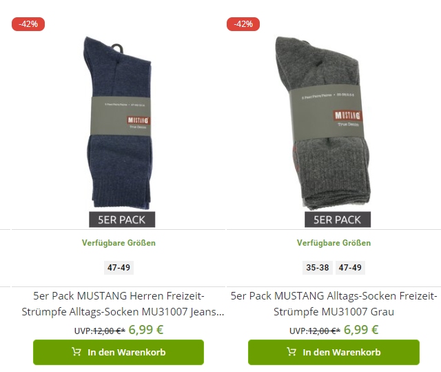 Mustang: Socken im Fünferpack für 6,99 Euro