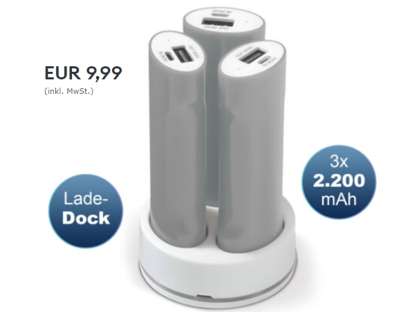 Ebay: Dreierset Powerbanks mit Ladestation für 9,99 Euro