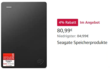 Amazon: Externe Festplatte von Seagate mit vier TByte für 80,99 Euro frei Haus