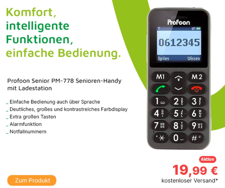 Völkner: Seniorenhandy "Profoon Senior PM-778" für 19,99 Euro frei Haus