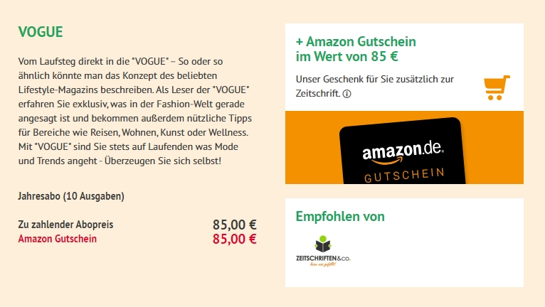 Vogue: Jahresabo für 85 Euro mit Amazon-Gutschein über 85 Euro