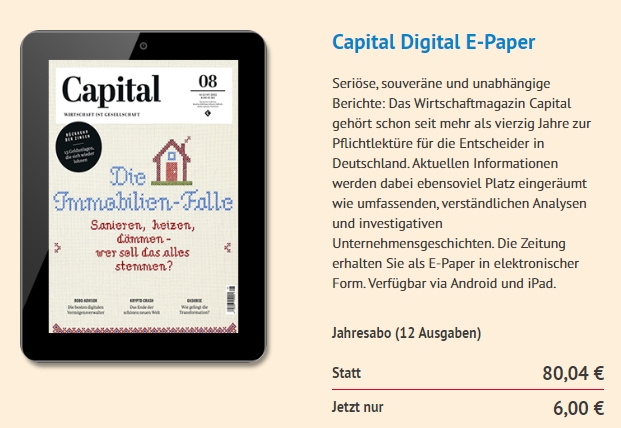 Capital: Jahresabo als ePaper für 6 statt 80,04 Euro