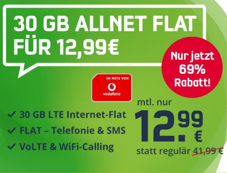 Vodafone-Netz: Datenflat mit 30 GByte LTE-Volumen für 12,99 Euro