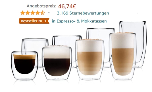 Amazon: 8er-Set Cappuccino-Tassen von Nachtwerk für 46,74 Euro