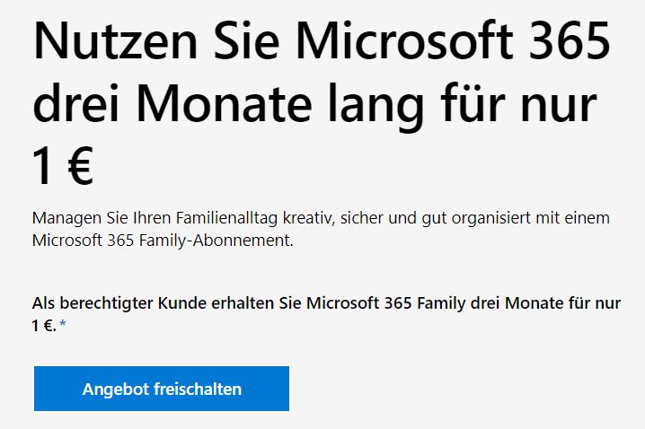 Microsoft 365: Family-Edition zum Quartalspreis von einem Euro