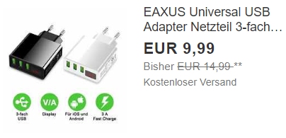 Ebay: Schnellladegerät mit drei USB-Ports für 9,99 Euro frei Haus