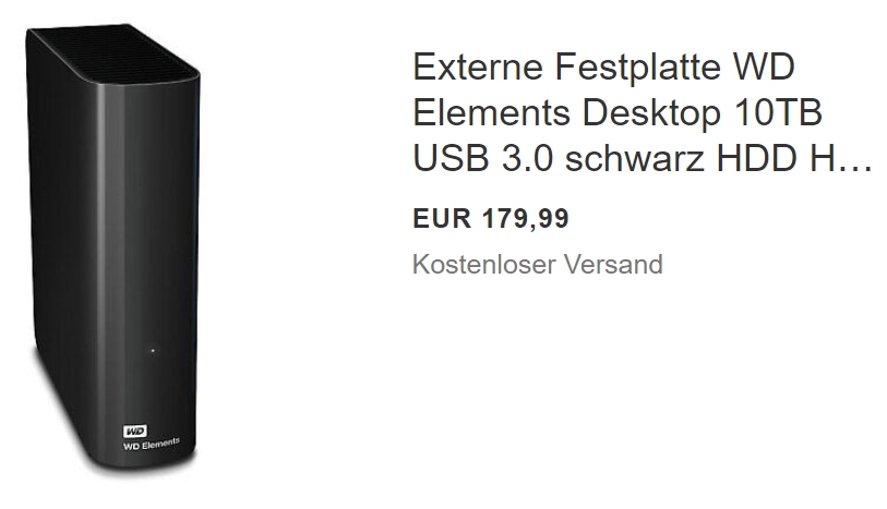 Ebay: "WD Elelments Desktop" mit zehn TByte für 179,99 Euro