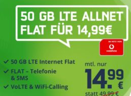 Vodafone-Netz: 50 GByte LTE mit 100 Mbit/s für 14,99 Euro