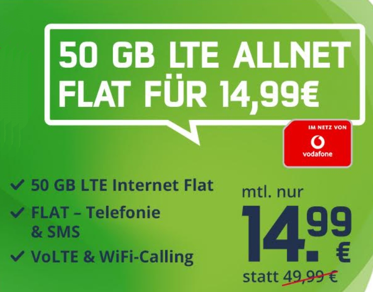 Vodafone-Netz: 50 GByte LTE mit 100 Mbit/s für 14,99 Euro