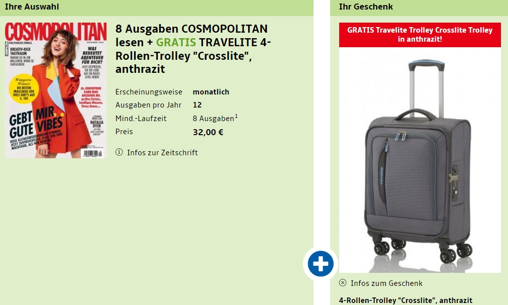 Cosmopolitan: Acht Ausgaben inklusive Handgepäck-Trolley für 32 Euro