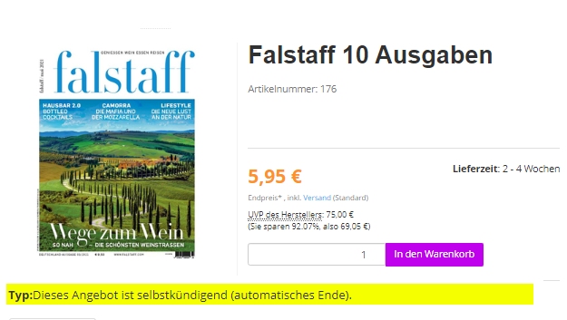 Falstaff: Jahresabo mit automatischem Ende für 5,95 Euro