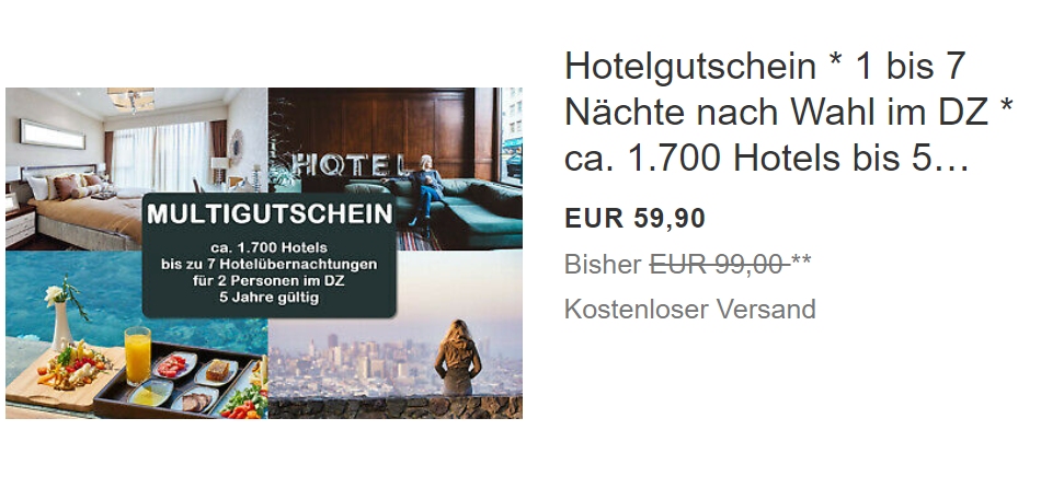 Ebay: Hotelübernachtung mit Frühstück ab 4,28 Euro via Gutschein