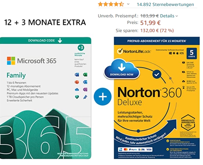 Amazon: 15 Monate "Microsoft 365 Family" mit Norton für 51,99 Euro