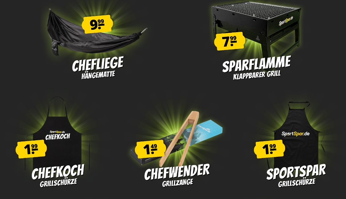 Sportspar: "Campingplatz-Kollektion" mit Grills und Schürzen ab 1,49 Euro