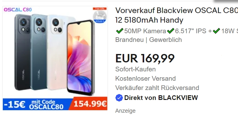 Ebay: Smartphone "Blackview Oscal C80 4G" jetzt für 149,99 Euro