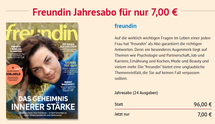 Freundin: Jahresabo für 7 Euro, Zahlung via Paypal möglich