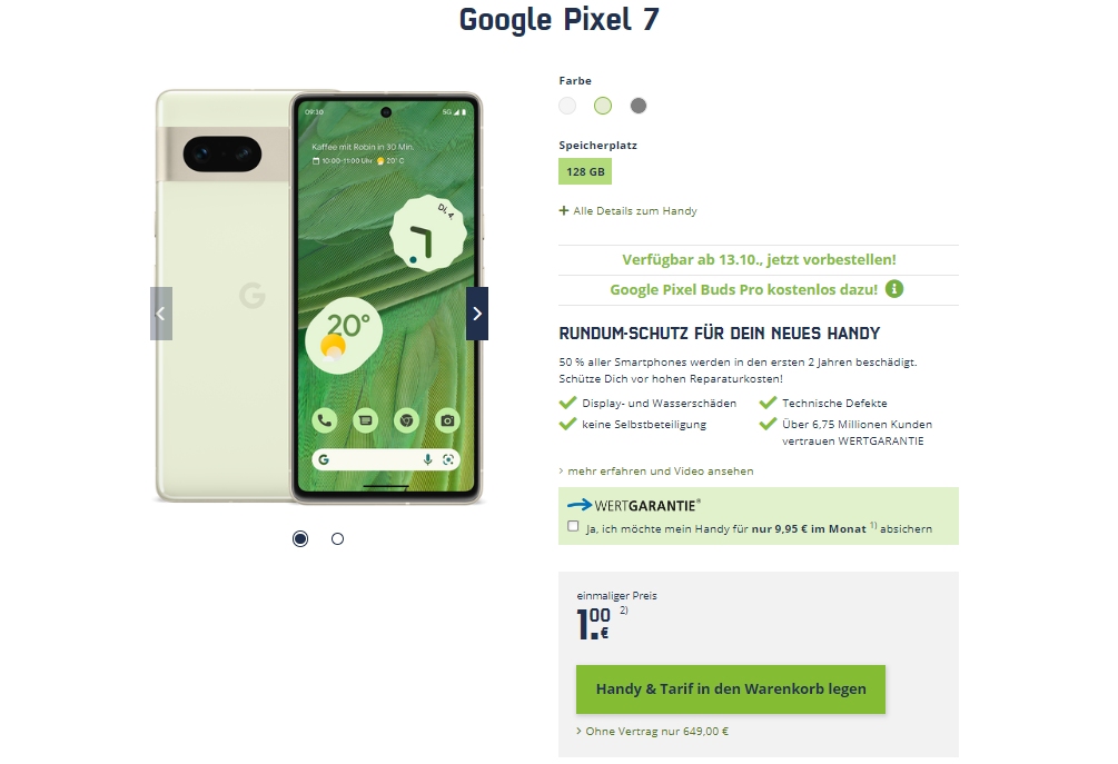 Google Pixel 7: 38 GByte LTE im Telekom-Netz für 46,99 Euro