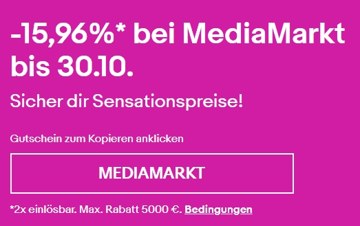 Ebay: 15,96 Prozent Rabatt auf alle Mediamarkt-Artikel