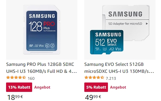 Amazon: Samsung-Speicherkarten mit Rabatt