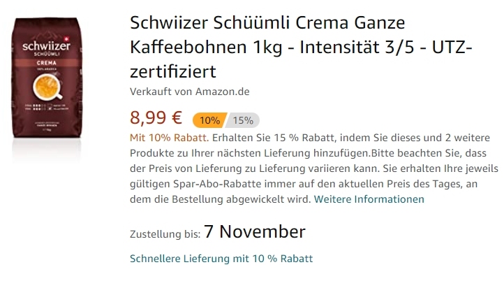 Amazon: "Schwiizer Schüümli Crema" zum Kilopreis von 8,49 Euro