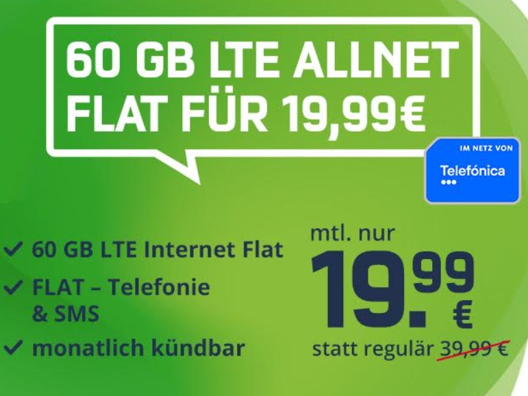 Freenet: 60 GByte Allnet-Flat mit monatlicher Kündbarkeit für 19,99 Euro