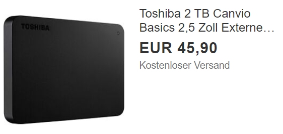 Ebay: Externe Festplatte von Toshiba mit zwei TByte für 45,90 Euro