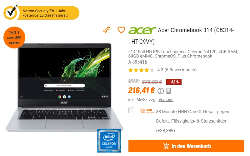 NBB: Acer-Chromebook mit IPS-Touchscreen für 216,41 Euro frei Haus