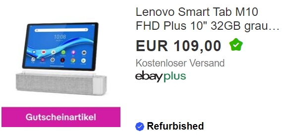 Ebay: Lenovo Smart Tab M10 als B-Ware für 98,10 Euro frei Haus