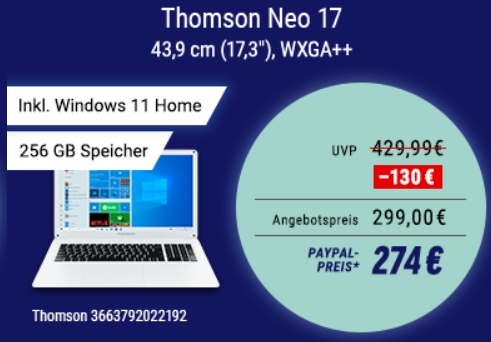 NBB: 17-Zoll-Notebook mit 256 GByte SSD für 274 Euro