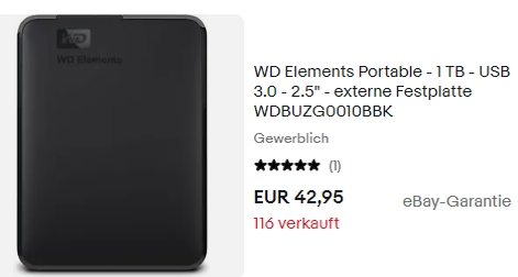 Ebay: Externe Festplatte mit 1 TByte als B-Ware für 38,65 Euro