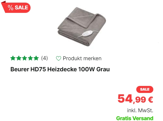 Völkner: Beurer HD75 Heizdecke für 54,99 Euro frei Haus