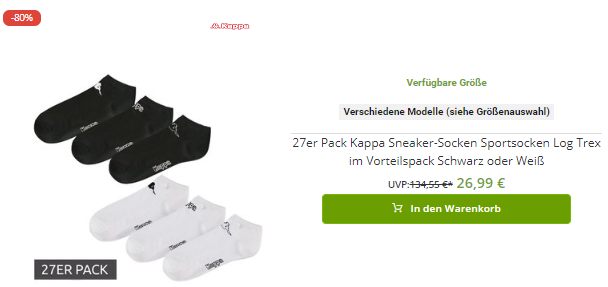 Kappa: 27er-Pack Sneaker-Socken für 26,99 Euro