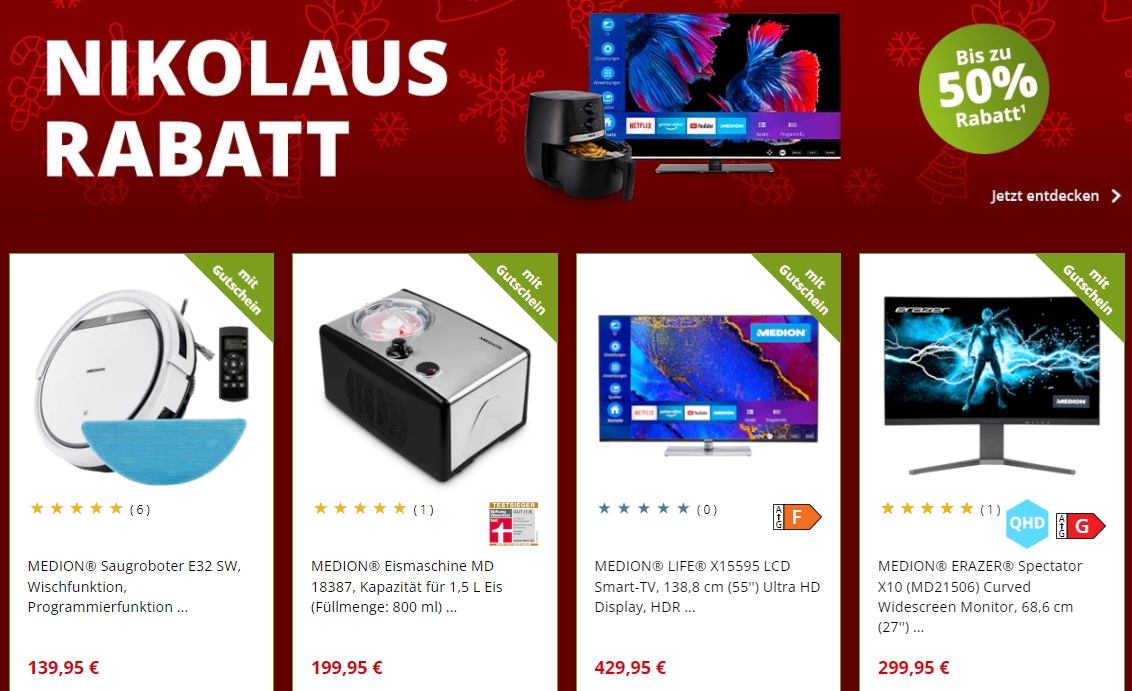 Medion: 5 bis 200 Euro Nikolaus-Rabatt bis Sonntag