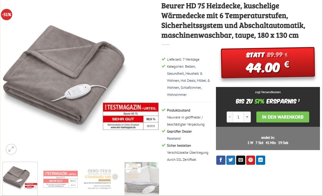 Dealclub: Heizdecke Beurer HD 75 für 44 Euro frei Haus