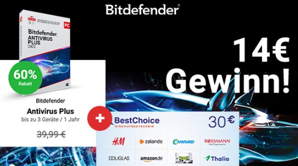 Knaller: 12 Monate Bitdefender mit effektiv 14 Euro Gewinn