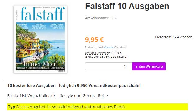 Falstaff: Jahresabo mit automatischem Ende für 6,95 Euro