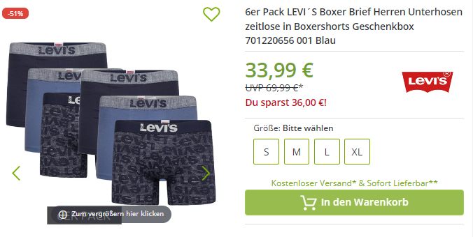 Levi's: Boxershorts im Sechserpack für 33,99 Euro frei Haus