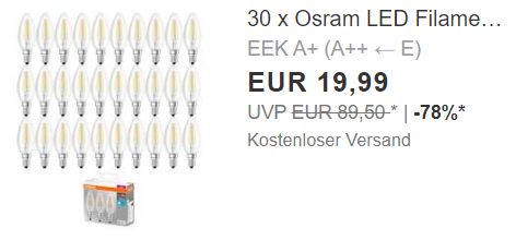 Ebay: 30er-Pack LED-Birnen von Osram für 19,99 Euro