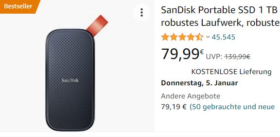 SanDisk: Portable SSD mit einem TByte für 79,99 Euro frei Haus