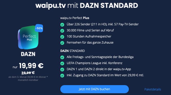 Waipu.tv: Monatlich kündbares Streaming mit DAZN für 19,99 Euro