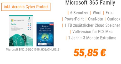 NBB: 15 Monate Office 365 Family mit Acronis Cyber Protect für 55,85 Euro