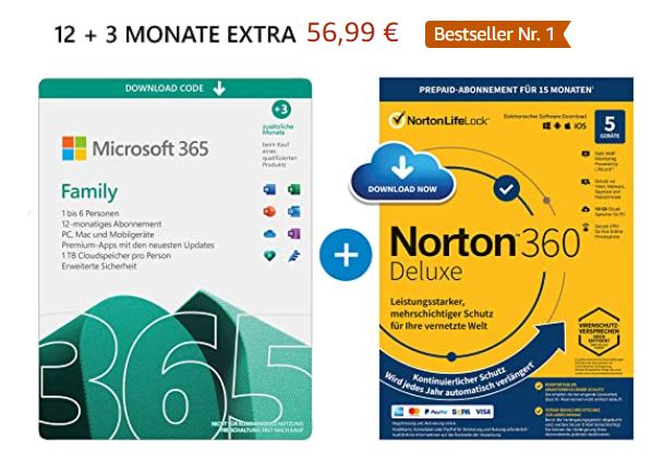 Amazon: 15 Monate Microsoft365 Familiy mit Norton für 56,95 Euro