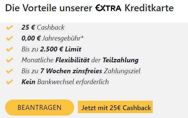 Knaller: Gebührenfreie "Extra Kreditkarte" mit 25 Euro Cashback