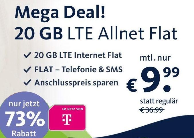 Telekom-Netz: 20 GByte LTE für 9,99 Euro / Monat