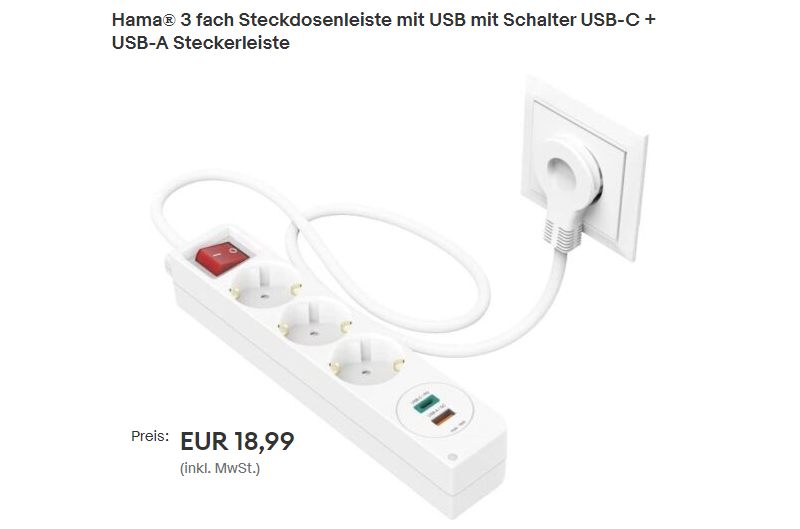 Ebay: Hama-Steckdosenleiste mit zwei USB-Ports für 18,99 Euro