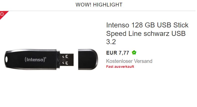 Ebay: Intenso USB-Stick mit 128 GByte für 7,77 Euro frei Haus