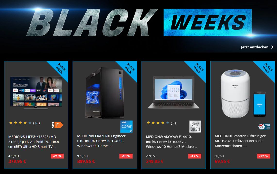 Medion: Black Week mit Technik ab 9,95 Euro