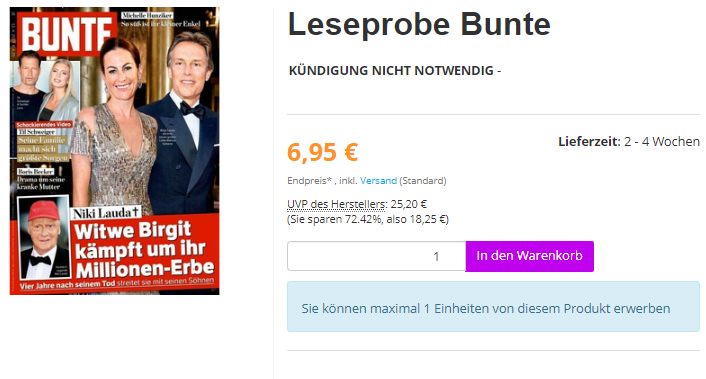 Bunte: Selbst endendes Probeabo für 6,95 Euro