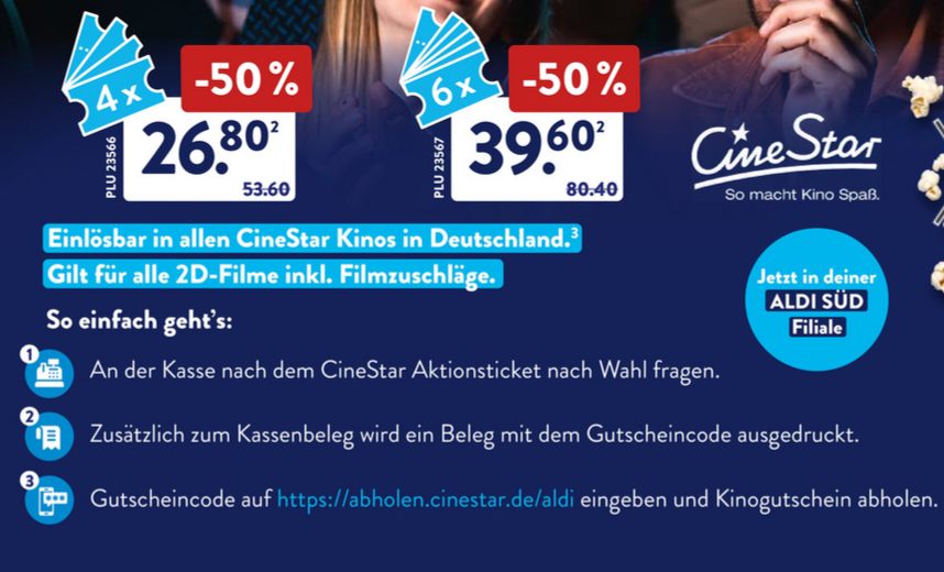 Aldi-Süd: Cinestar-Kinotickets ab 6,60 Euro