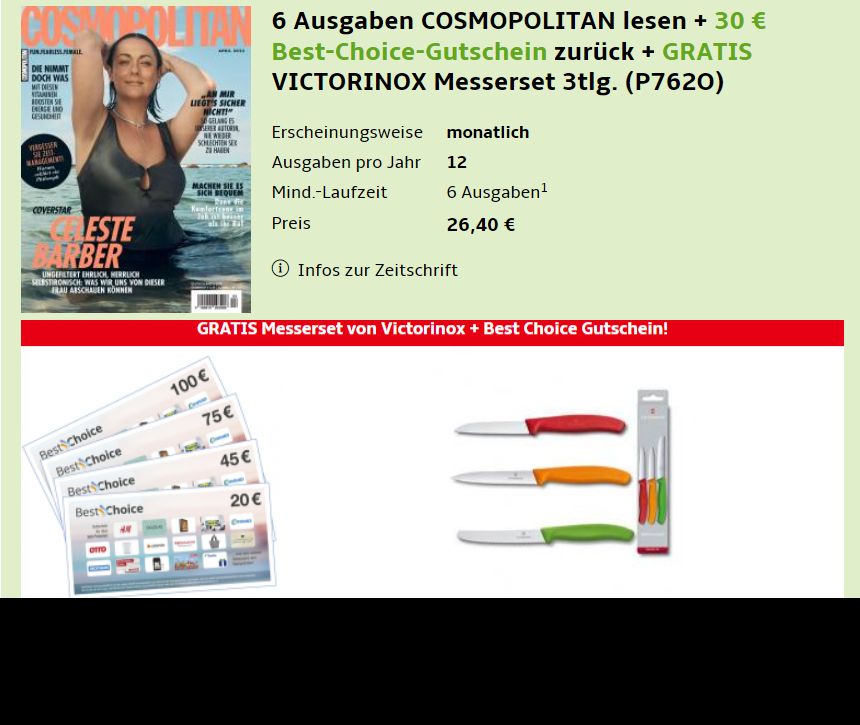 Cosmopolitan: Halbjahresabo mit Messerset und 30-Euro-Gutschein für 26,40 Euro